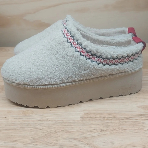 Platform embroidered braided Sherpa slip-on mules shoes ivory cream size 6 Boho - Picture 10 of 11